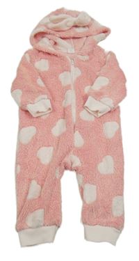 Ružová chlpatá kombinéza so srdiečkami a kapucňou Shein