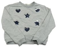 Šedá melírovaná mikina s hvězdami a srdíčky z překlápěcích flitrů Vertbaudet