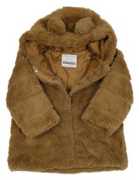 Hnedá kožušinová zateplená bunda s kapucňou s uškami Primark