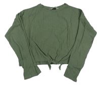 Khaki rebrované úpletové crop tričko s uzlom H&M