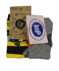 Nové - 2x ponožky - šedé melírované s kárami + hořčicovo-černé pruhované s včelami