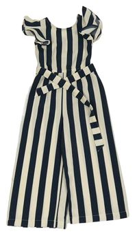 Tmavomodro-béžový pruhovaný kalhotový overal s páskem C&A