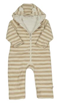 Smetanovo-béžová pruhovaná fleecová podšitá kombinéza s nápisom a kapucňou F&F