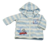 Světlemodro-biela pruhovaná prepínaci mikina so psem a kapucňou