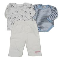 3set - Biele tričko s tučňáky + bielo-modré pruhované body + biele ľahké tepláky