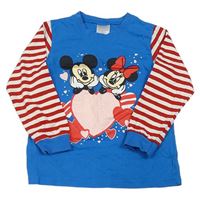 Modré pyžamové triko s pruhovanými rukávy a Mickeym a Minnie 