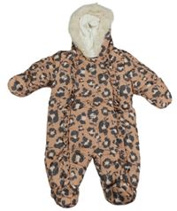 Hnedo-sivá šušťáková zimná leopardí kombinéza s kapucňou s kožešinou George