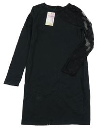 Nové - černé šaty s tylovým puntíkatým rukávem 