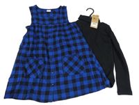 Nové - 2 set - čierne rebrované tričko s rolákem + modro-čierne kockované prepínaci šaty Next