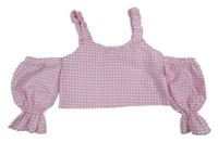 Ružovo-biely kockovaný crop top shein