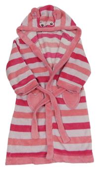 Lila-ružový pruhovaný plyšový župan s kapucňou Miniclub