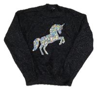 Černo-barevný chlupatý třpytivý svetr s jednorožcem