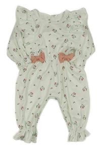 Mintový žebrovaný květovaný overal s volánky a mašlemi 