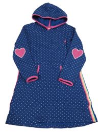 Tmavomodro-barevné puntíkaté teplákové šaty s barevnými pruhy a kapucí Kids
