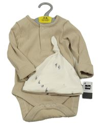 Nové - Béžové žebrované body + smetanová čepice s loďkami Dunnes 