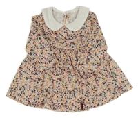 Bielo-hnedo-farebné kvetované šaty s golierikom Shein