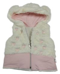 Bílo-růžová chlupatá zateplená vesta s Minnie a kapucí s oušky 