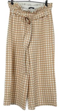 Dámské béžovo-bílé kostkované culottes kalhoty s páskem Boohoo