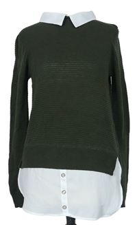 Dámský khaki žebrovaný svetr s halenkovou vsadkou Primark