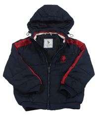 Tmavomodro-červená šusťáková zimní bunda s logem a kapucí US Polo Assn