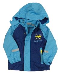 Tmavomodro-azurová šušťáková jarná bunda s autom a kapucňou Impidimpi