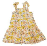 Bielo-oranžovo-ružové kvetované plátenné šaty Primark