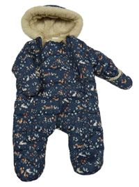 Tmavomodrá prešívaná šušťáková zimná kombinéza so zvieratkami a houbičkami a kapucňou TAPE 'A L'OEIL