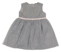 Šedé tylové slavnostní šaty s růžovou stuhou 