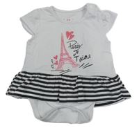 Bílé body s nápisem a pruhovanou sukní 