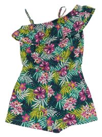 Tmavozeleno-barevný květovaný kraťasový overal s volánkem