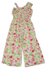 Bielo-ružovo-zelený kvetovaný vzorovaný nohavicový asymetrický culottes overal PRIMARK