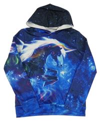 Modro-tmavomodrá vzorovaná mikina s jednorožcom a kapucňou
