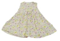 Bielo-ružovo-zelené kvetované plátenné šaty s motýly