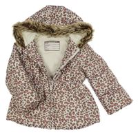 Bílo-hnědo-růžová leopardí šusťáková zimní parka s kapucí 
