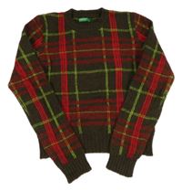 Kaki-červeno-zelený kockovaný crop sveter