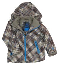 Béžovo-hnědo-modrá kostkovaná šustáková zateplená bunda s kapucí C&A