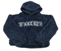 Tmavomodro-strieborná chlpatá crop mikina s nápisom a kapucňou M&Co.