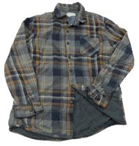 Tmavomodro-béžová kostkovaná podšitá flanelová košile Next