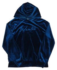 Tmavomodrá zamatová mikina s nápisom a kapucňou Shein