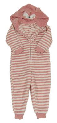 Růžovo-bílá pruhovaná chlupatá kombinéza s kapucí George