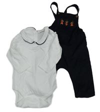 Nové - 2set - Tmavomodré manšestrové laclové kalhoty s medvídky + bílé body 