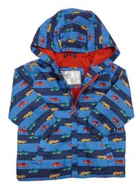 Tmavomodro-modrá pruhovaná šusťáková jarní bunda s auty a kapucí Mothercare