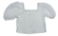 Biele rebrované crop tričko s tylovými balonovými rukávy s bodkami SHEIN