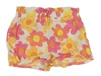Bielo-ružovo-žlté kvetované paper bag krepové kraťasy s mašlou PRIMARK