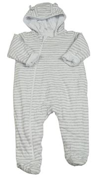 Sivo-biela pruhovaná zateplená kombinéza s kapucňou s uškami the little white company