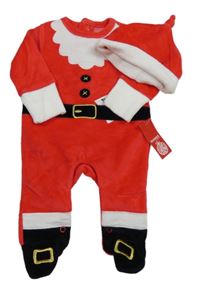 Nové - 2Set - Červeno-bílý sametový overal + čepice - Santa St. Bernard