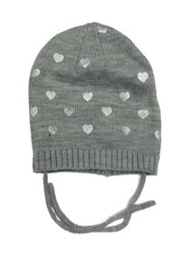 Sivá melírovaná pletená zavazovací čepice srdiečkami Topomini