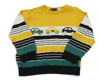 Okrovo-bílo-černo-šalvějový pruhovaný vlněný svetr s auty Chicco