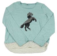 Mentolové melírované úpletové mikinotriko s koníkem z překlápěcích flitrů a čipkovým volánikom YIGGA