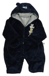 Tmavomodrá prešívaná zamatová zateplená kombinéza s medvedíkmi a kapucňou s uškami